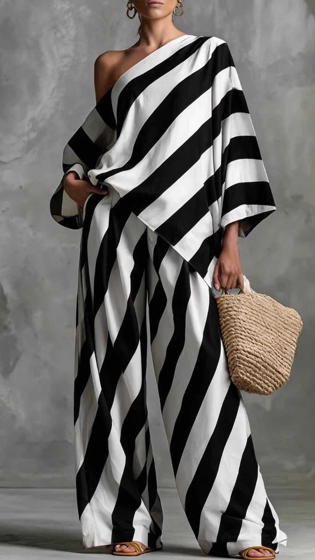 Women’s Chic & Laid-back Vintage Striped Two-Piece Set: Fashion Top and Wide-Leg Pants