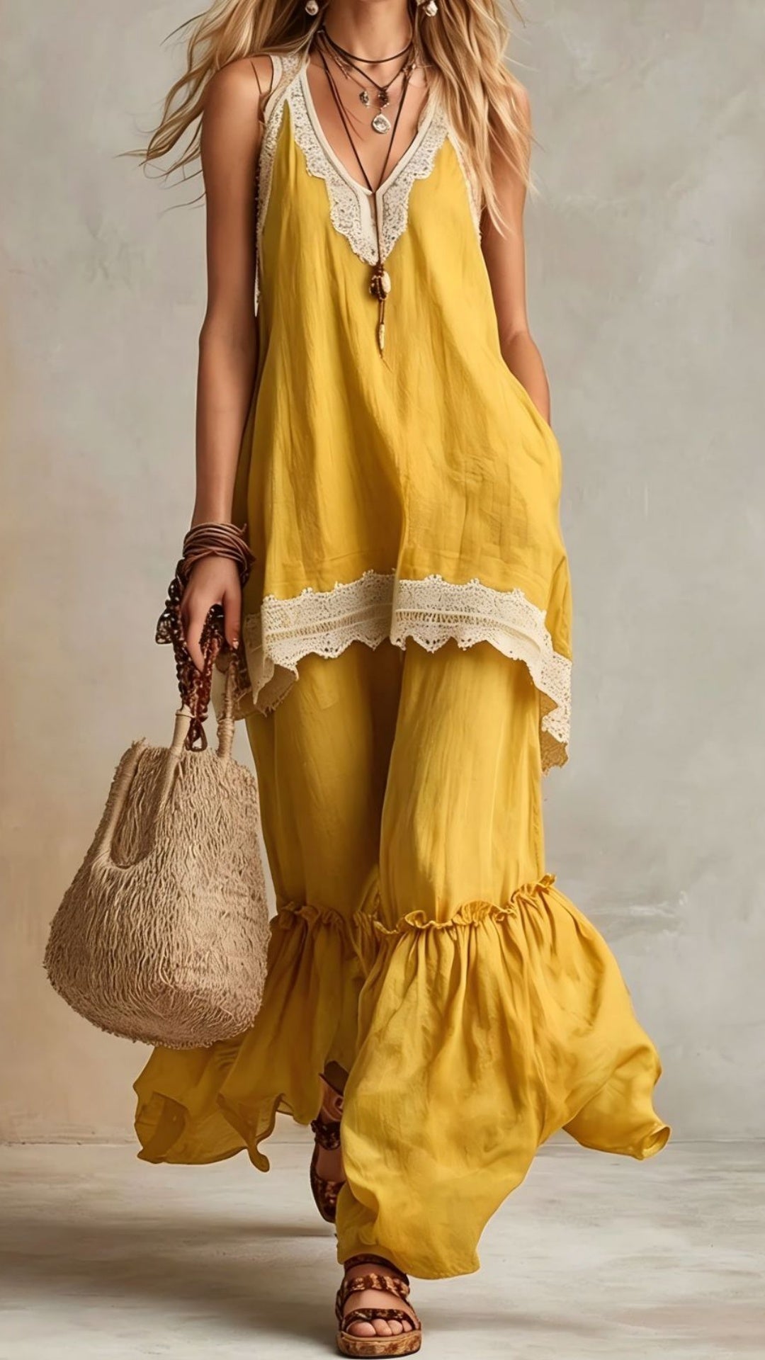 Women’s Bohemian-Style Vacation Dress with Lace Straps