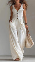 Women’s Solid-Color Loose-Fit Casual Jumpsuit with Buttons and Side Pockets