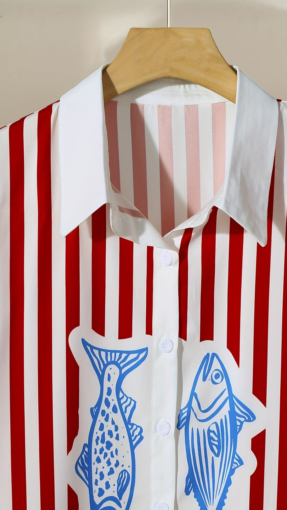 Women’s Striped & Color-Block Sardine Print Set — Lapel, Button-Front, Short-Sleeve Top & Shorts