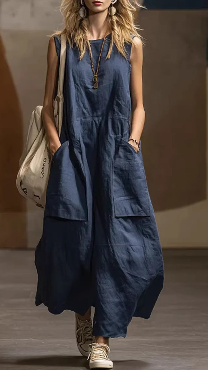 Women’s Loose-Fit, Simple, Sleeveless Cotton-Linen Dress with Pockets
