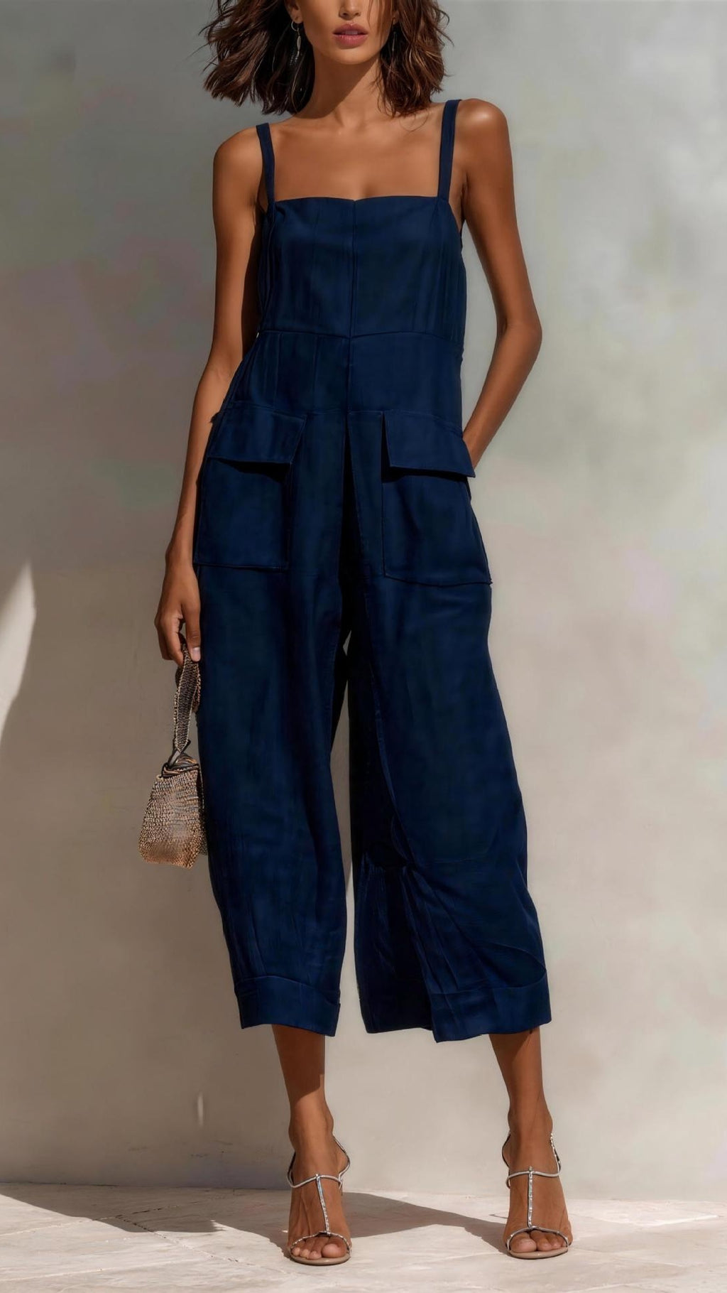 Women’s Elegant Sleeveless Cropped Jumpsuit — Loose Fit, Wide-Leg, Thin Straps, Patch Pockets
