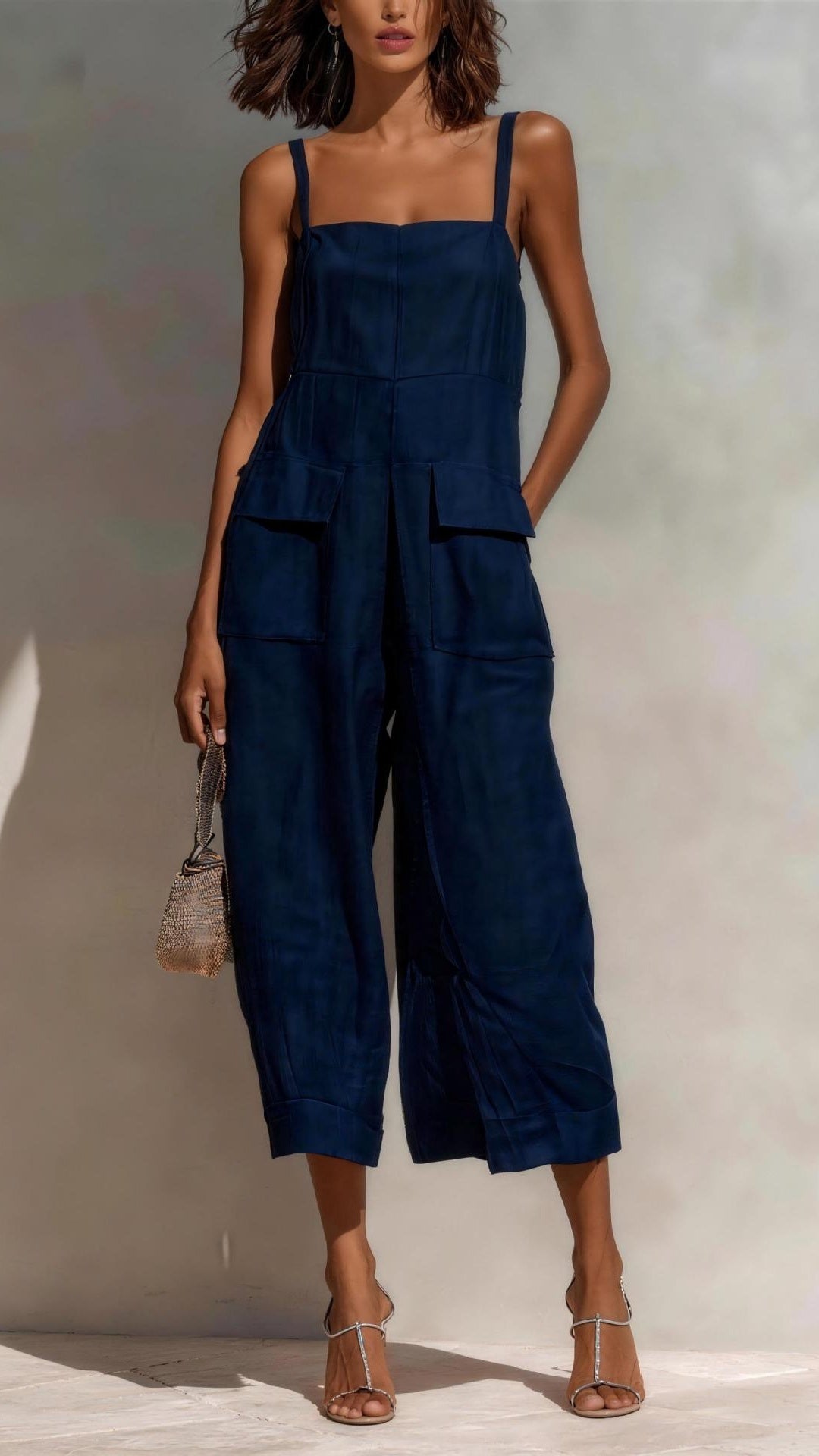 Women’s Elegant Sleeveless Cropped Jumpsuit — Loose Fit, Wide-Leg, Thin Straps, Patch Pockets