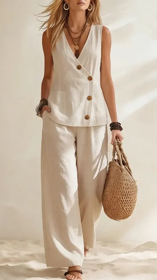 Women’s Casual Solid-Color Vacation-Style Two-Piece Set: Button-Front Vest & Trousers