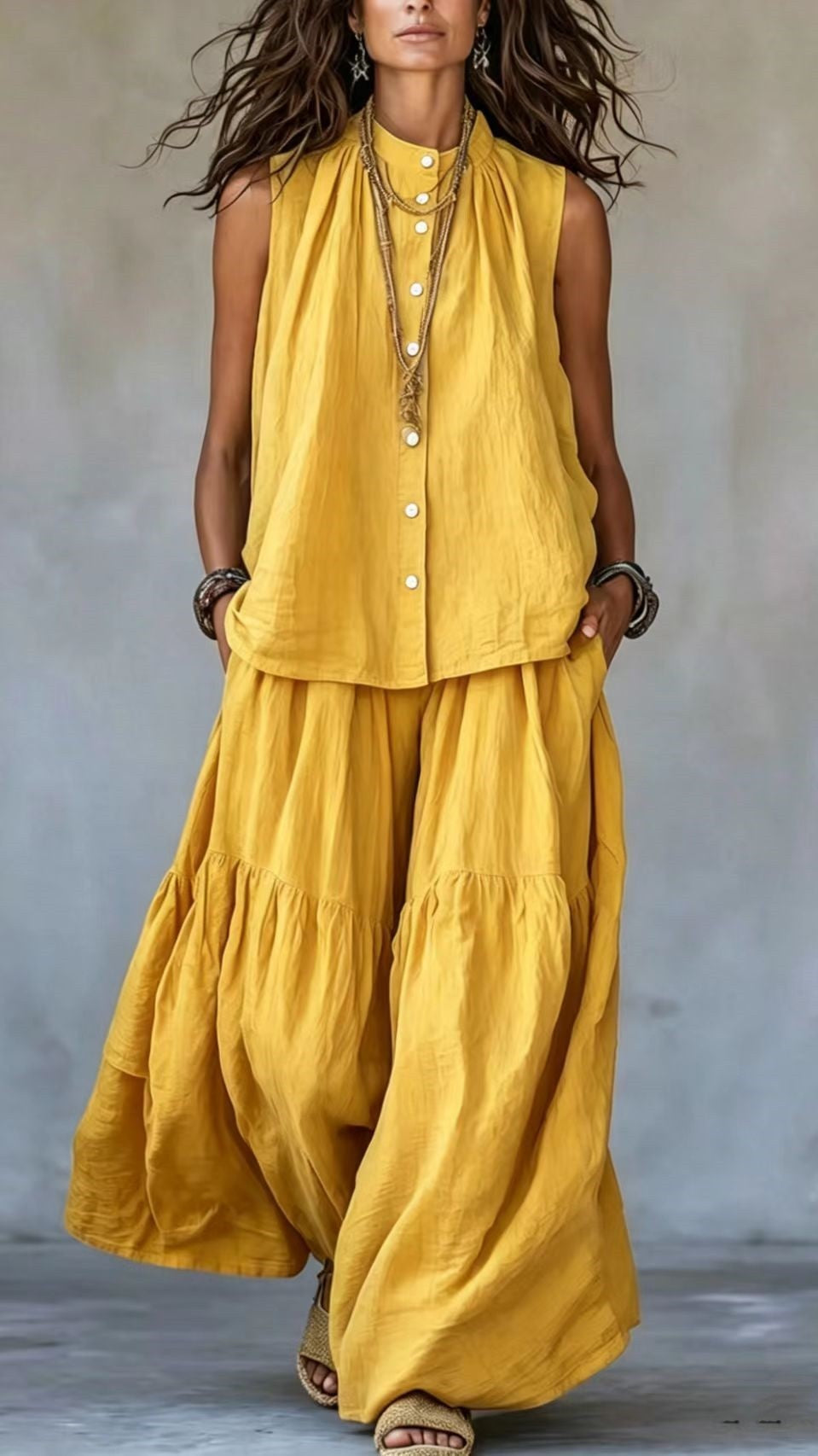 Women’s Two-Piece Set: Stand-Collar, Sleeveless Top with Front Placket & Wide-Leg Pants