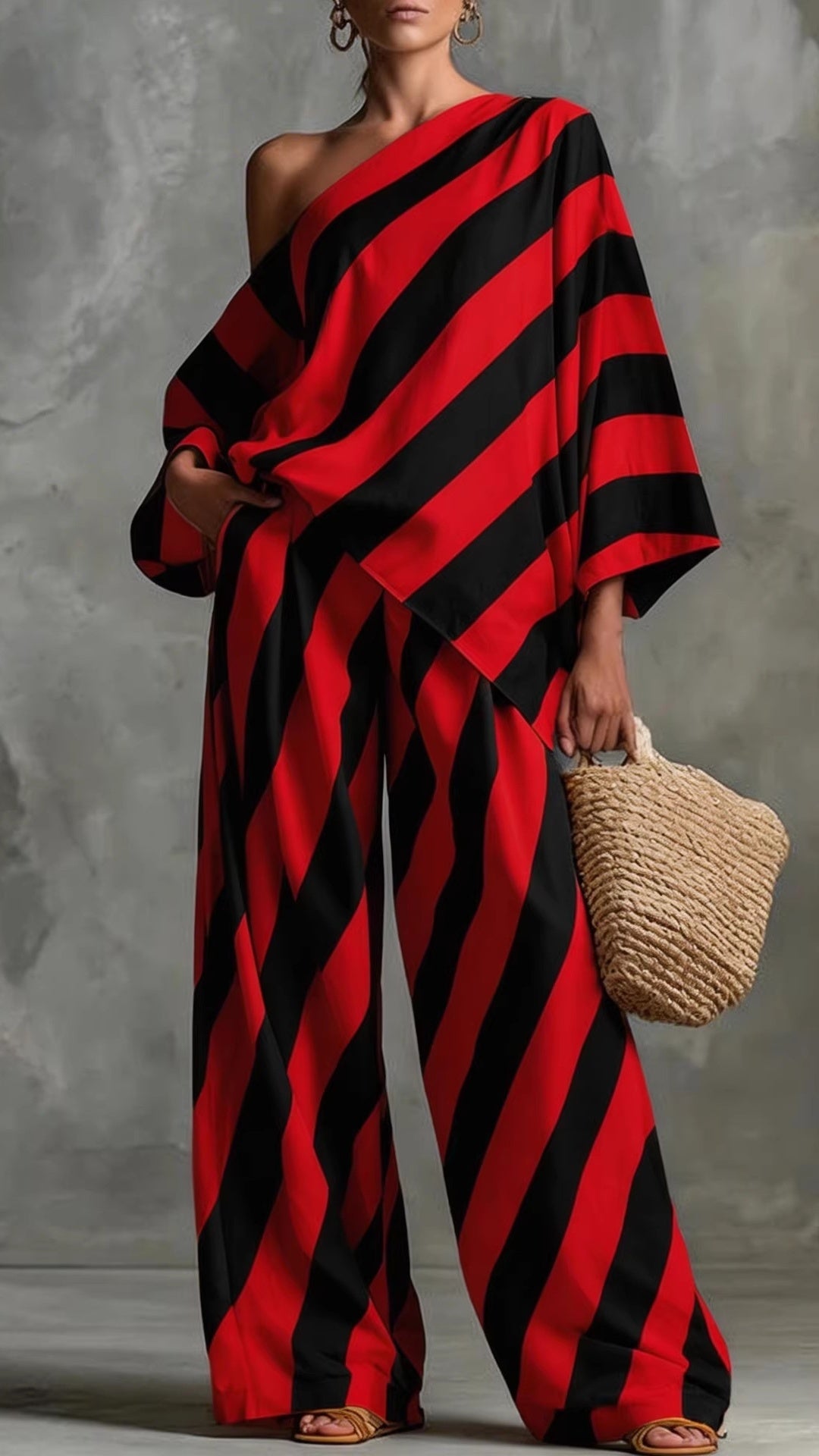 Women’s Chic & Laid-back Vintage Striped Two-Piece Set: Fashion Top and Wide-Leg Pants