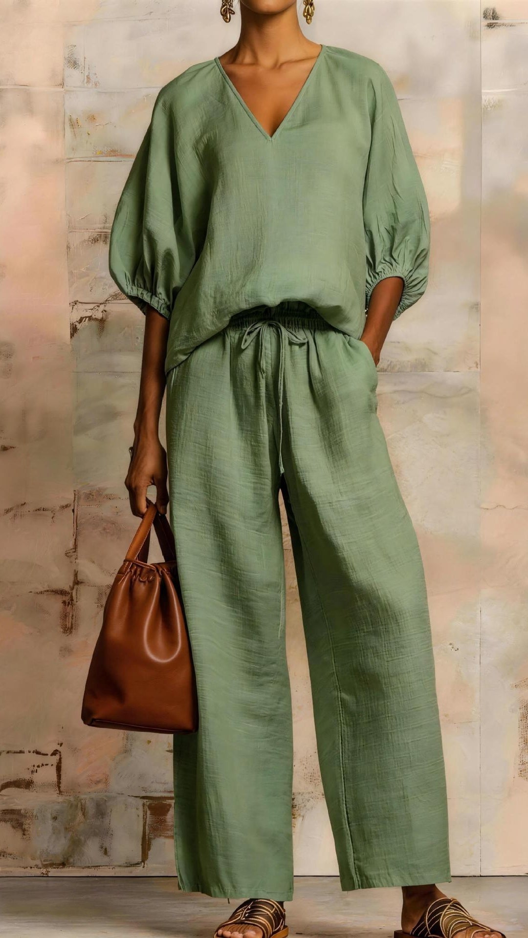 Women’s Minimalist Solid-Color Loose-Fit V-Neck Casual Two-Piece Set