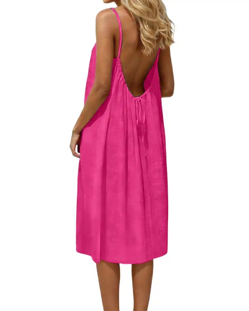 Women’s Solid-Color Backless Spaghetti-Strap Knee-Length Dress