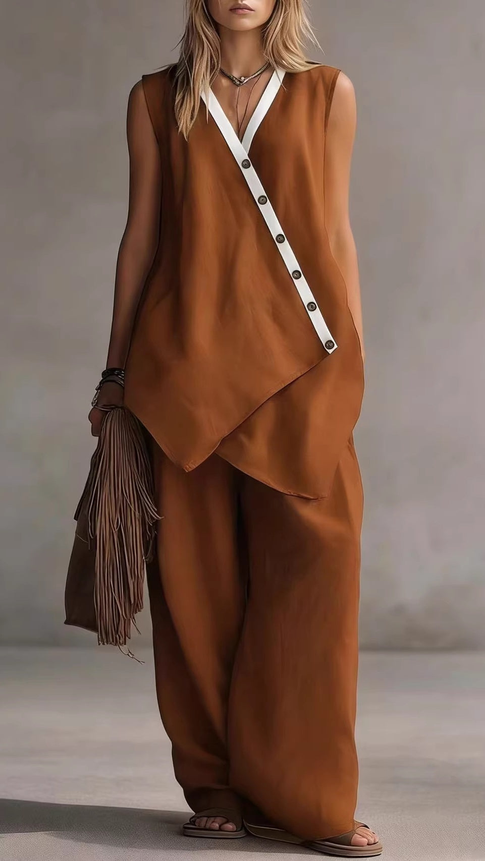 Women’s V-Neck Sleeveless Wide-Leg Pants Two-Piece Set with Asymmetrical Buttons