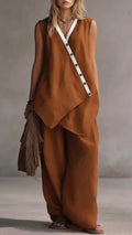 Women’s V-Neck Sleeveless Wide-Leg Pants Two-Piece Set with Asymmetrical Buttons