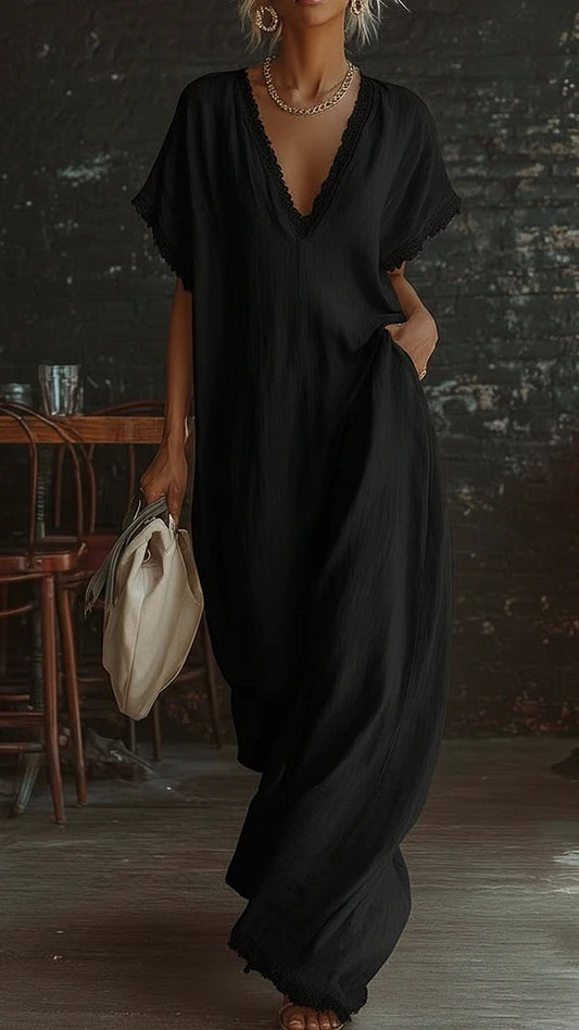 Women’s Lace-Trimmed V-Neck Loose-Fit Dress