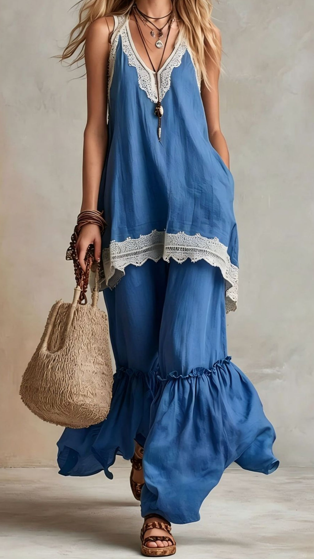 Women’s Bohemian-Style Vacation Dress with Lace Straps