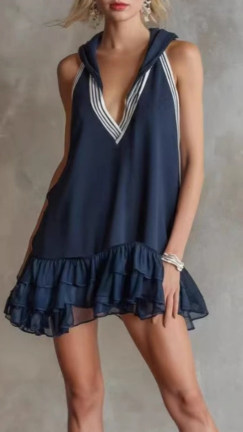 Women’s Elegant, Sporty-Style Dark Blue Cotton Sleeveless Hooded Mini Dress