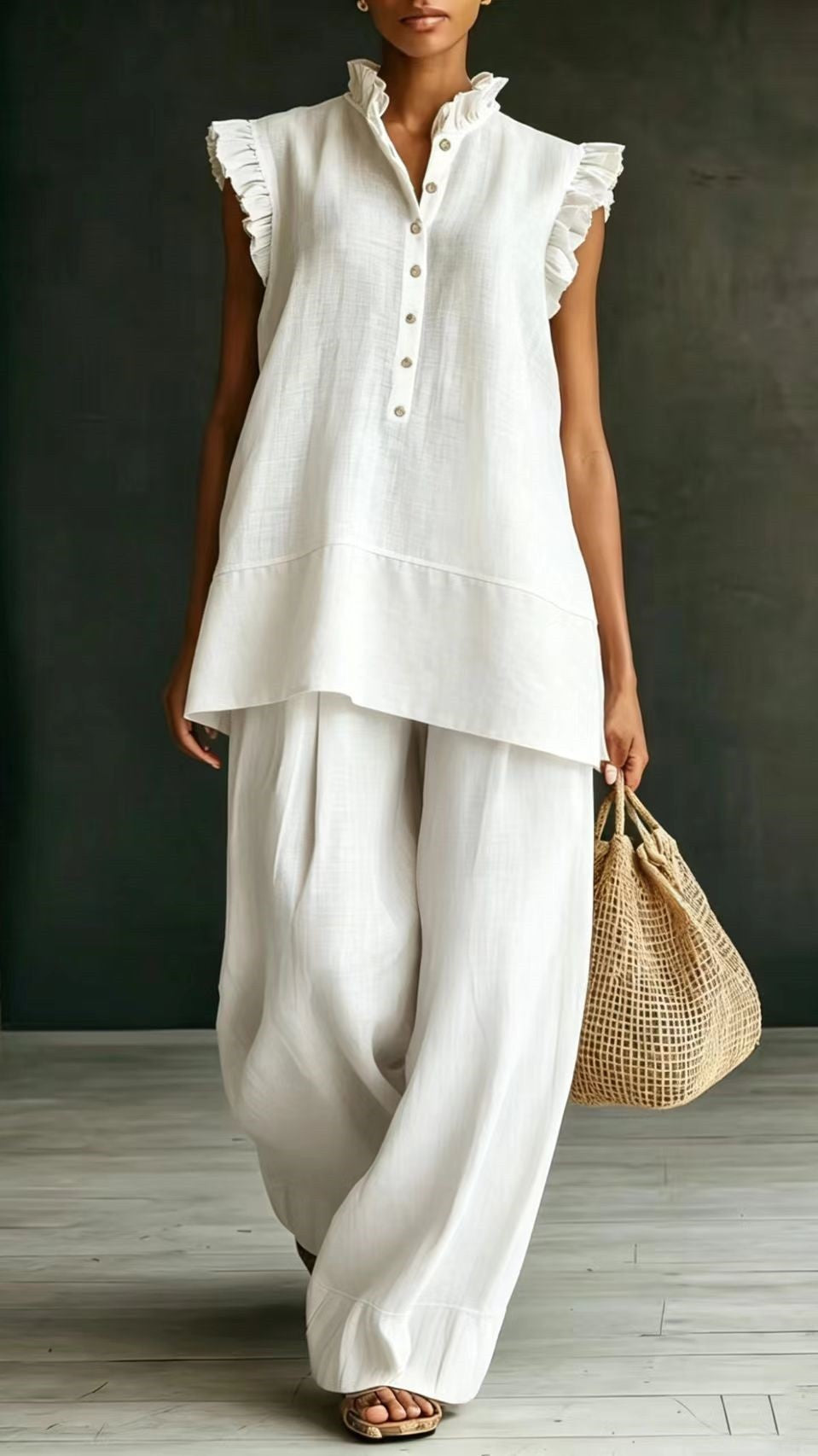 Women’s Ruffled Sleeveless Shirt and Loose-Fit Trousers Two-Piece Set