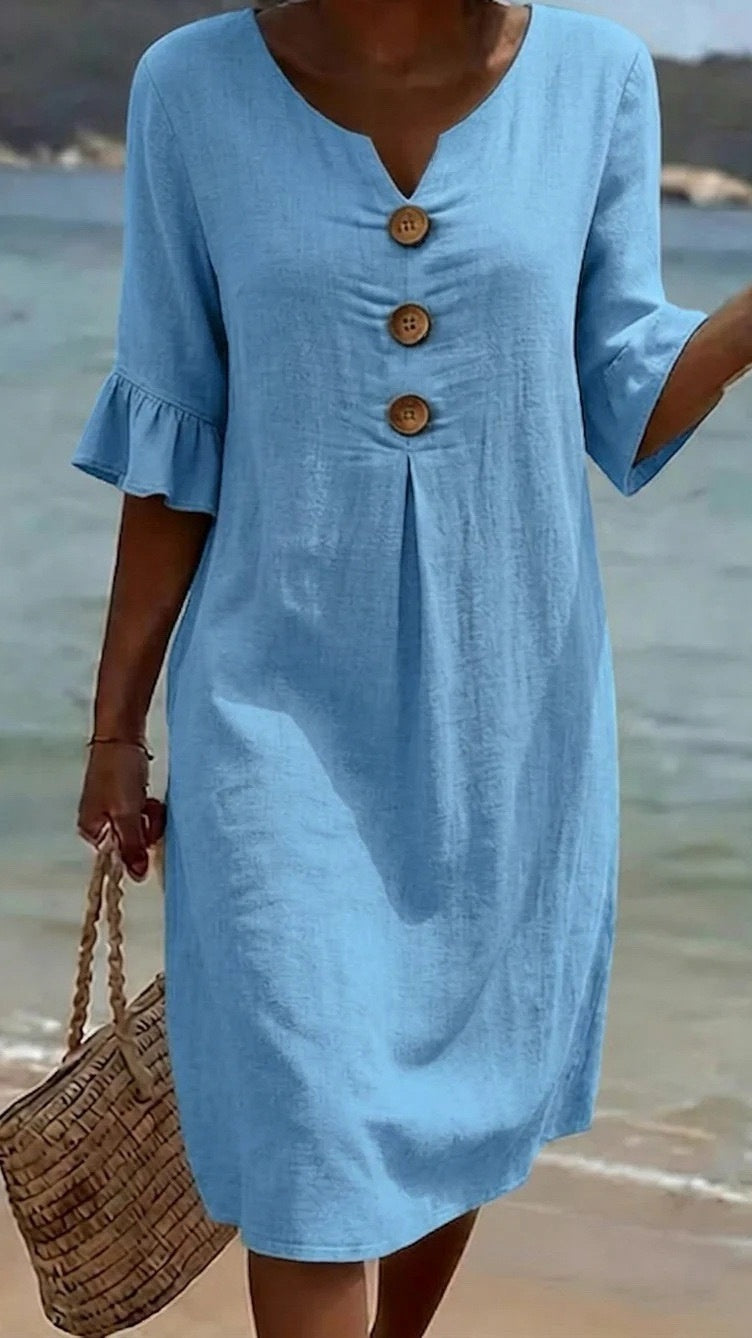 Women’s Cotton-Linen Dress with V-Neck, Large Buttons, and Ruffled Sleeves