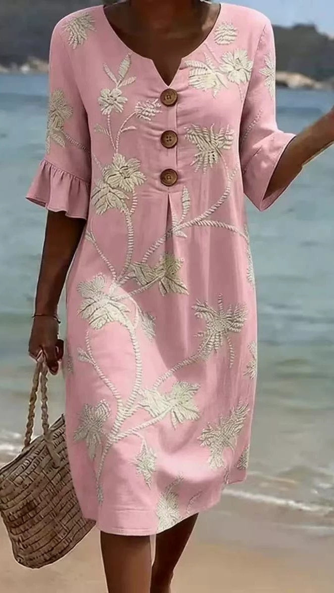 Women’s Vacation-Style V-Neck Printed Loose-Fit Dress with Mid-Length Sleeves