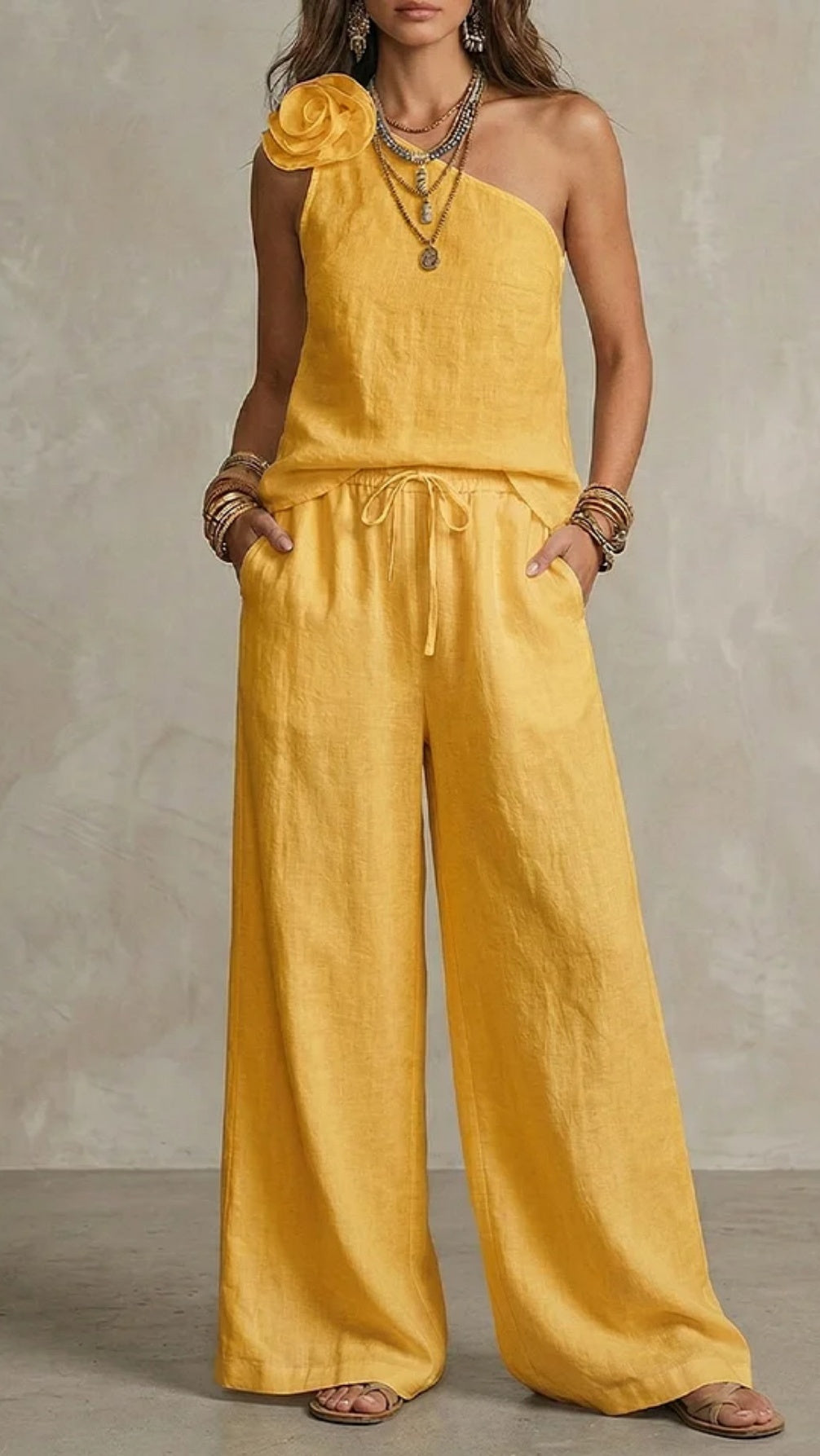 Women’s Two-Piece Set: One-Shoulder Strap Top & T-Shirt