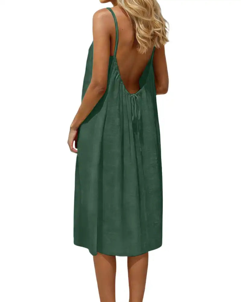 Women’s Solid-Color Backless Spaghetti-Strap Knee-Length Dress