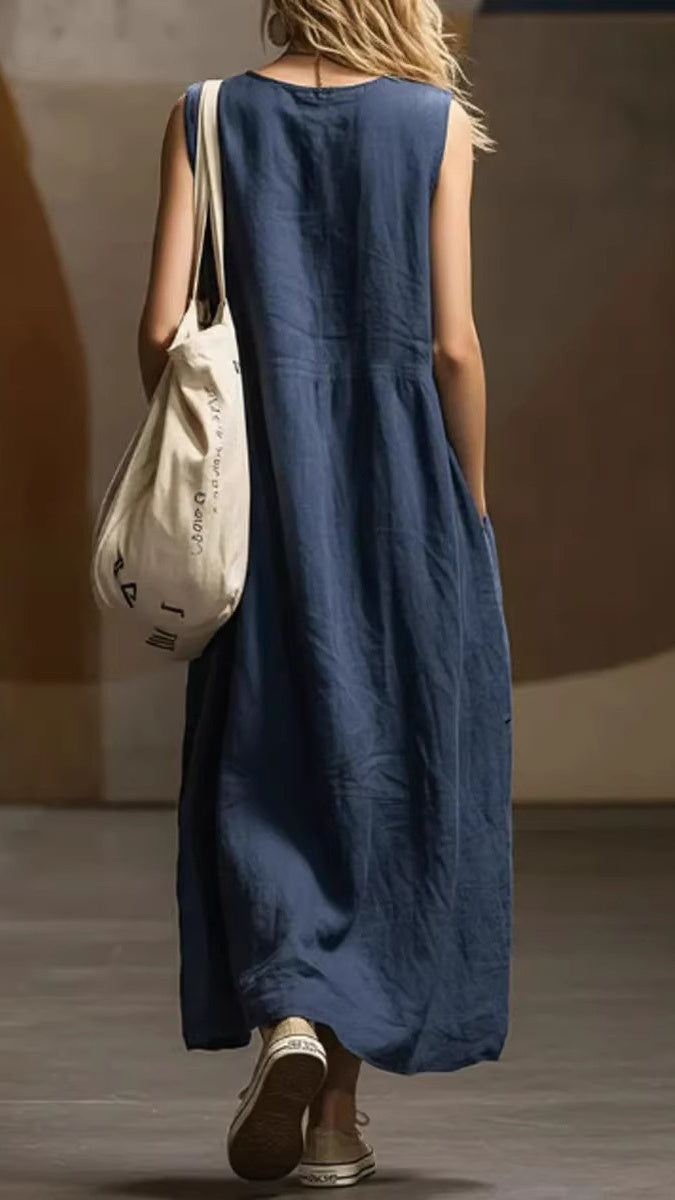 Women’s Loose-Fit, Simple, Sleeveless Cotton-Linen Dress with Pockets