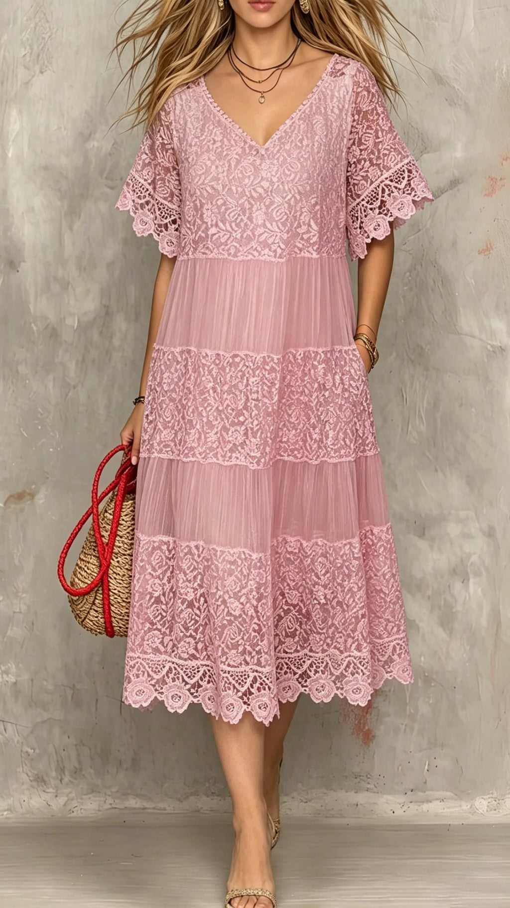 Women’s Round-Neck Short-Sleeve Lace-Trimmed Dress