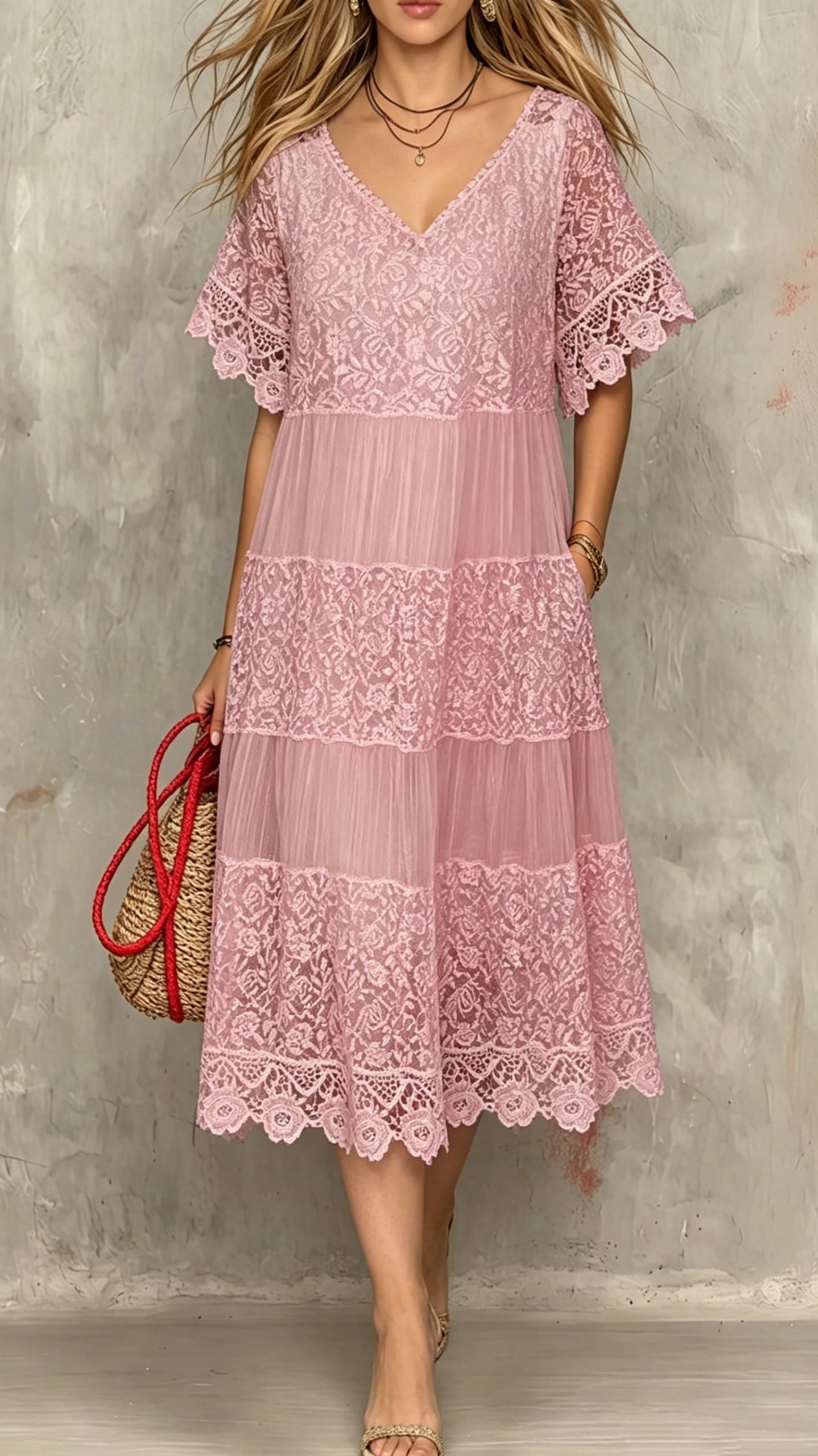 Women’s Round-Neck Short-Sleeve Lace-Trimmed Dress