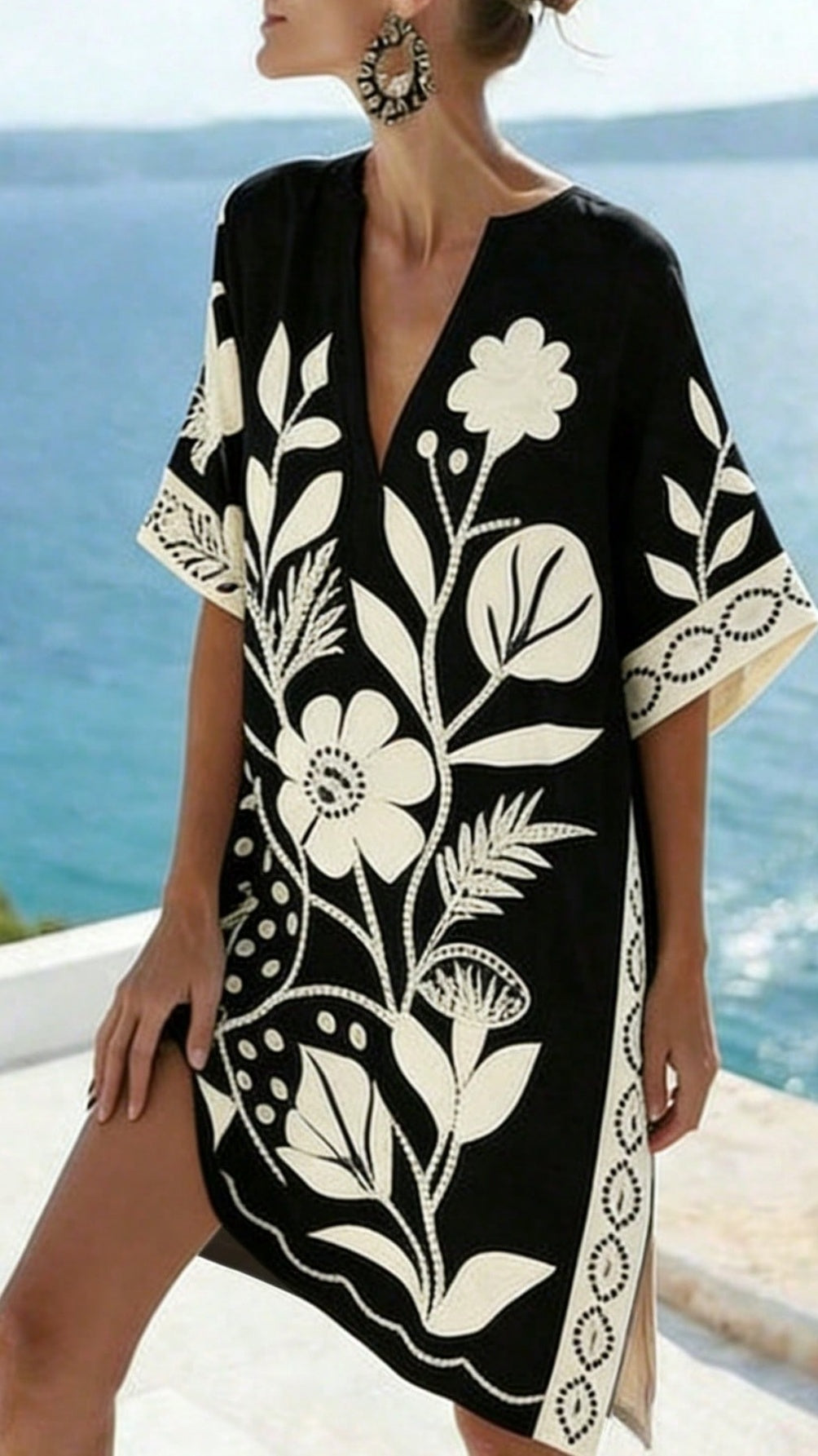 Women’s Loose-Fit Printed V-Neck Casual Vacation Dress