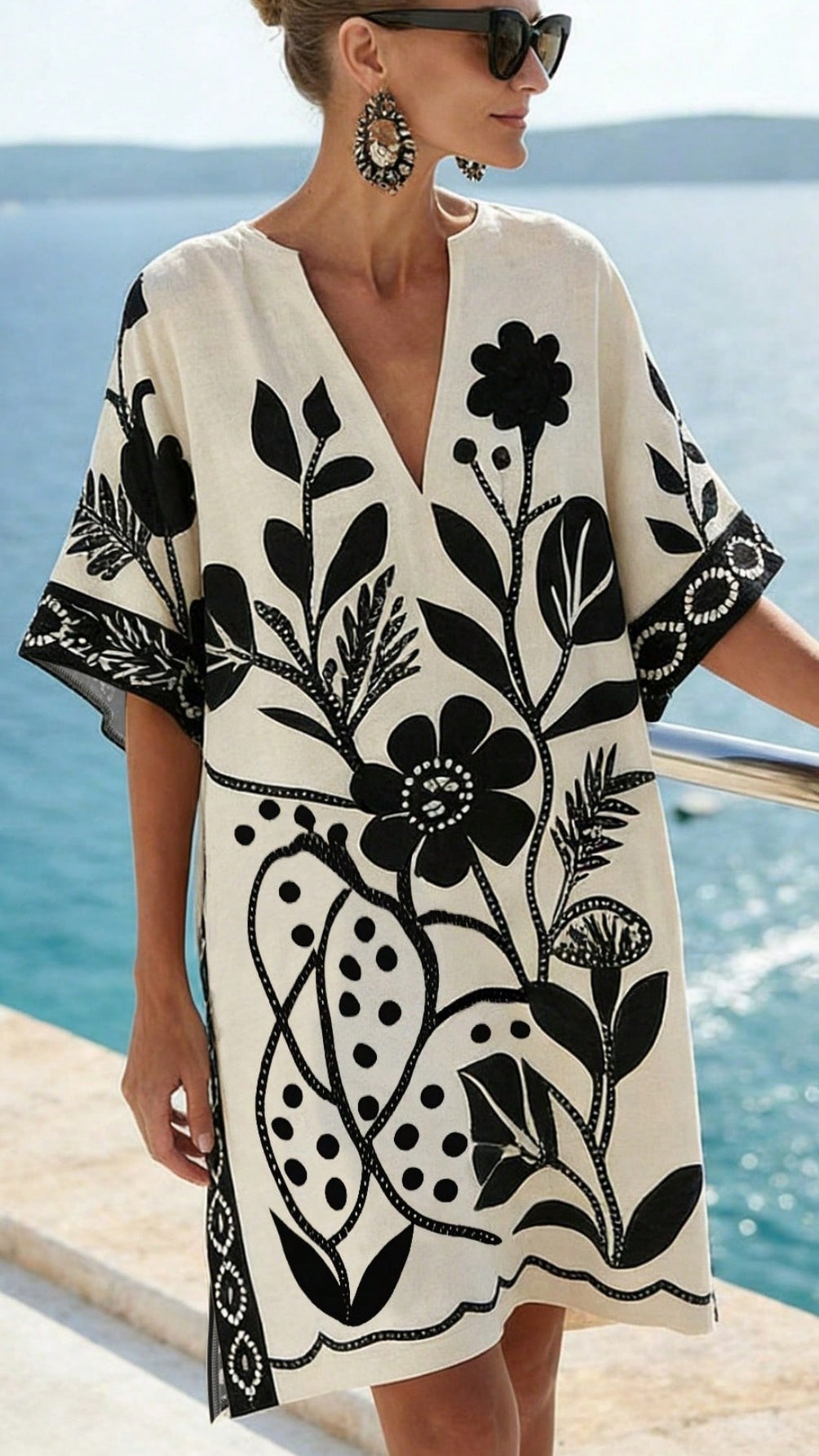 Women’s Loose-Fit Printed V-Neck Casual Vacation Dress