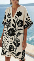 Women’s Loose-Fit Printed V-Neck Casual Vacation Dress