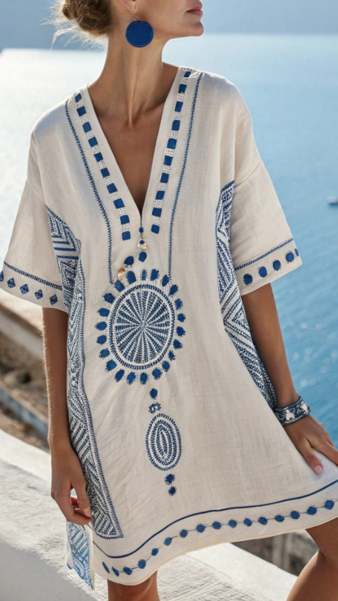 Women’s V-Neck Dress – Beach Vacation Style, Printed, Loose-Fit Midi Dress