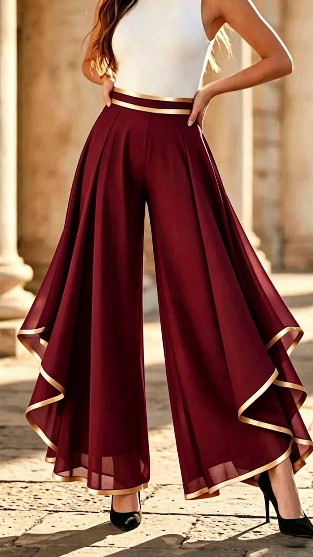 Women’s Fashion Spliced & Piped Layered Chiffon High-Waisted Casual Wide-Leg Pants