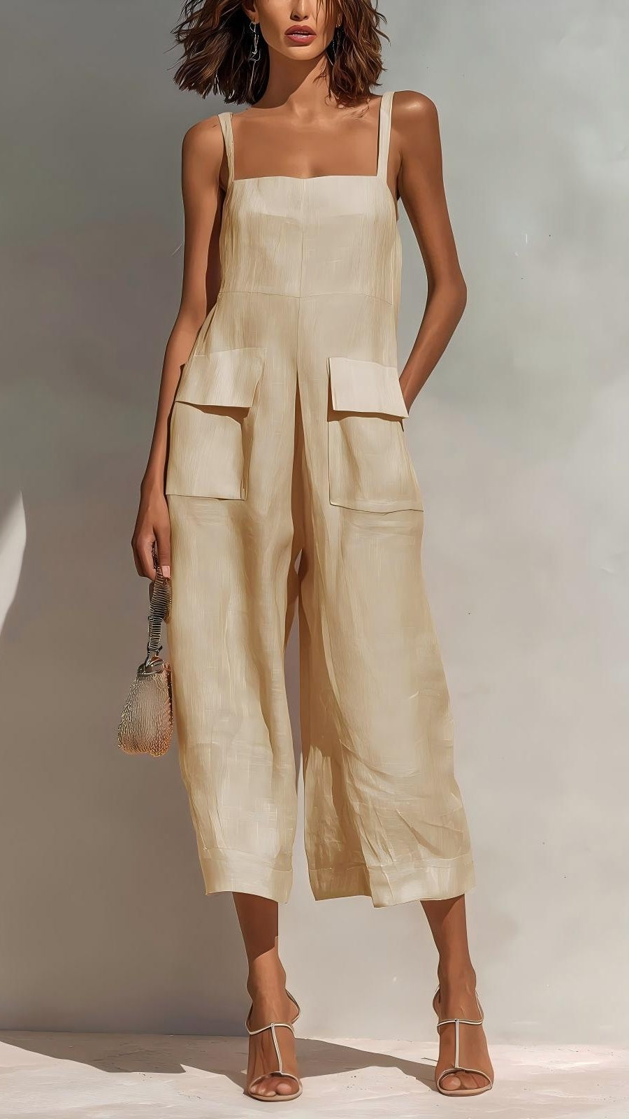 Women’s Elegant Sleeveless Cropped Jumpsuit — Loose Fit, Wide-Leg, Thin Straps, Patch Pockets