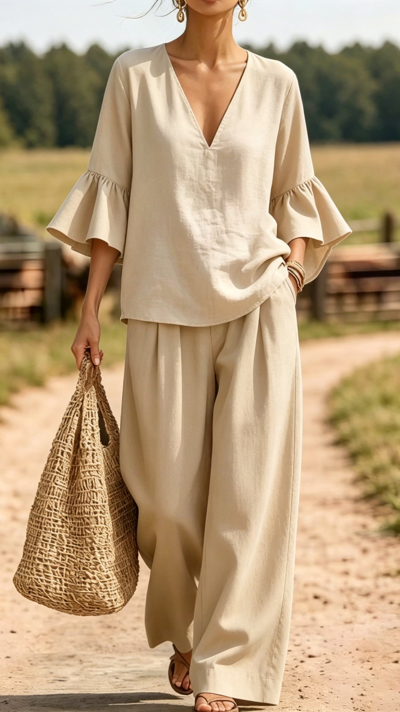 Women’s Casual & Comfortable Two-Piece Set: V-Neck Top with Ruffle Sleeves and Wide-Leg Pants