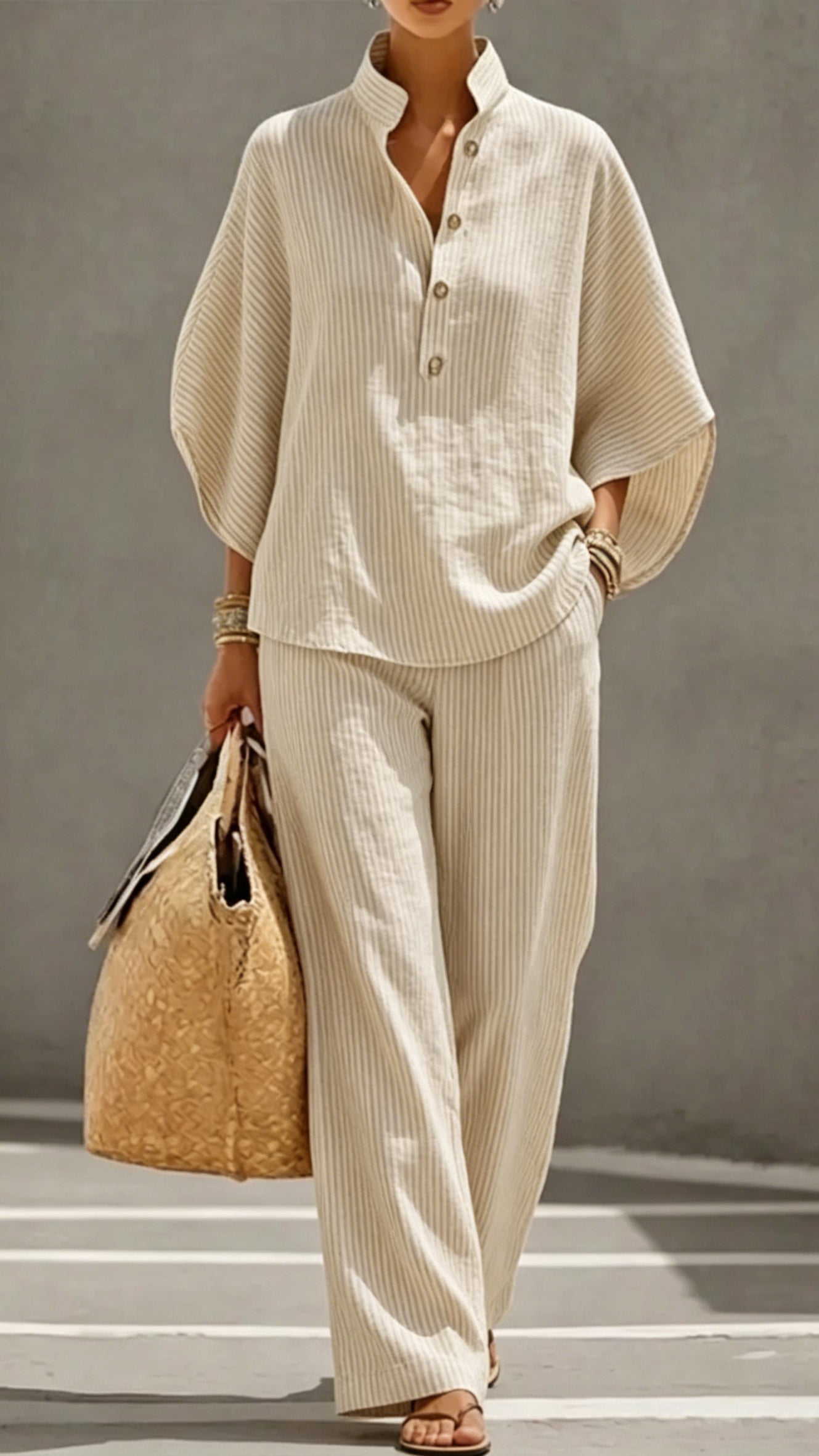 Women’s Striped Linen-Cotton Batwing Sleeve Two-Piece Set