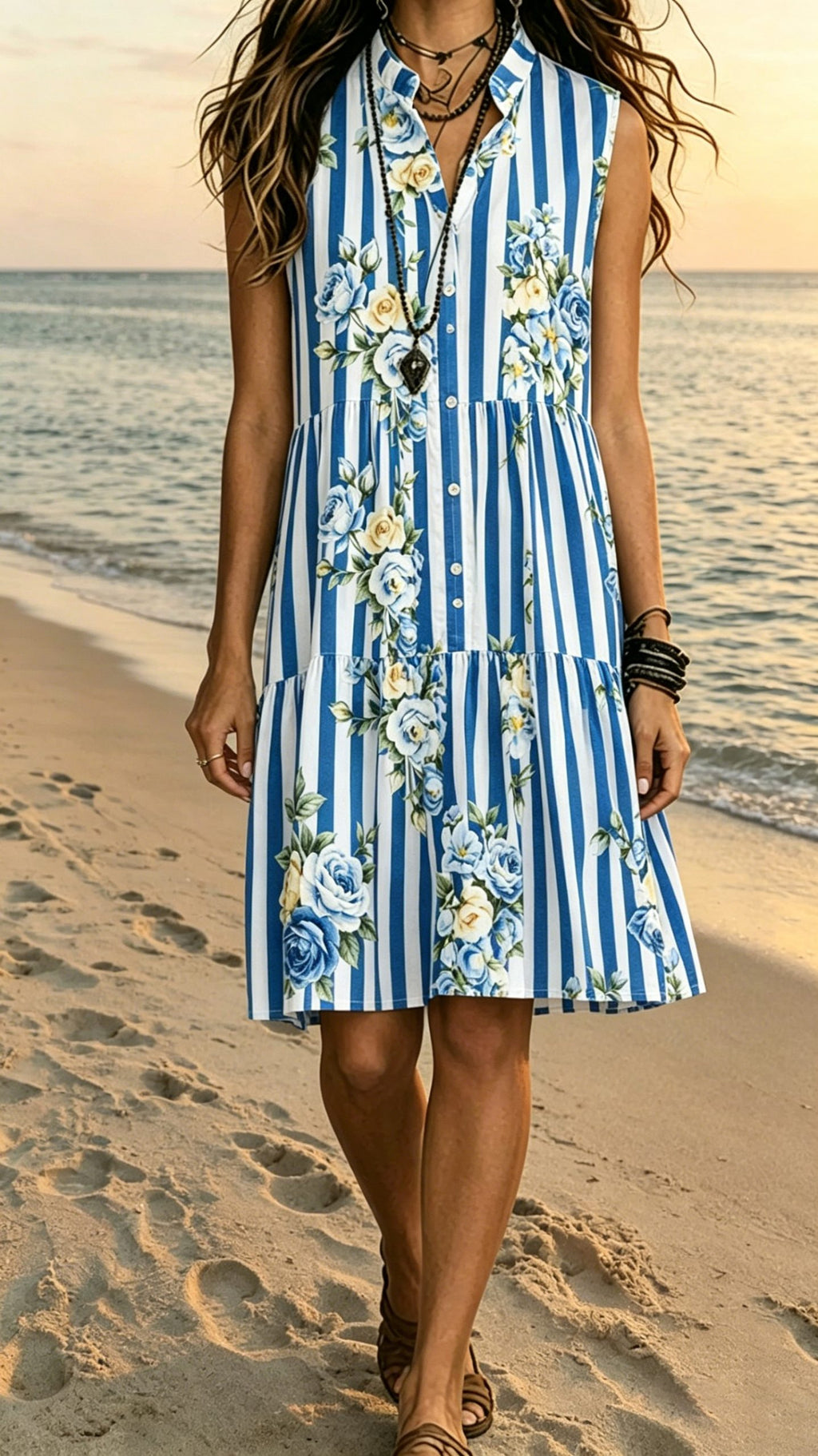 [Buy 2 Free Shipping]Bohemian-Style Printed Sleeveless Maxi Dress with Shirt Collar