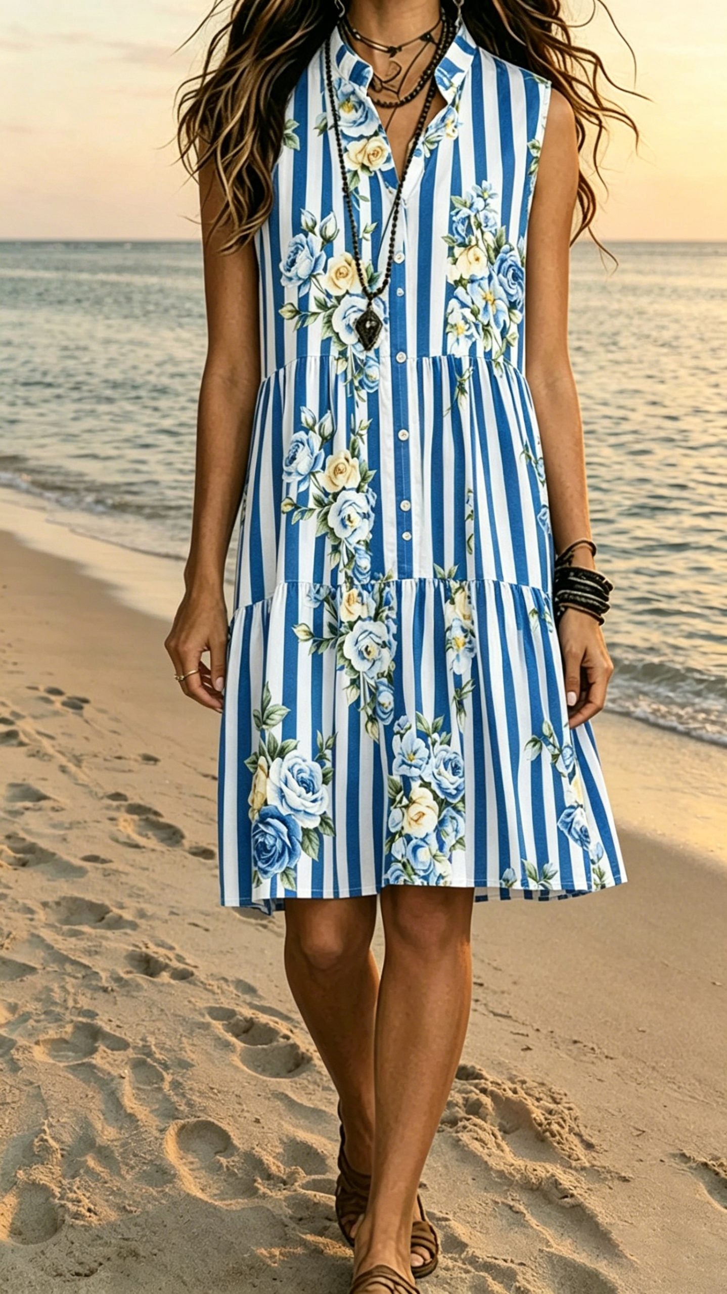 [Buy 2 Free Shipping]Bohemian-Style Printed Sleeveless Maxi Dress with Shirt Collar