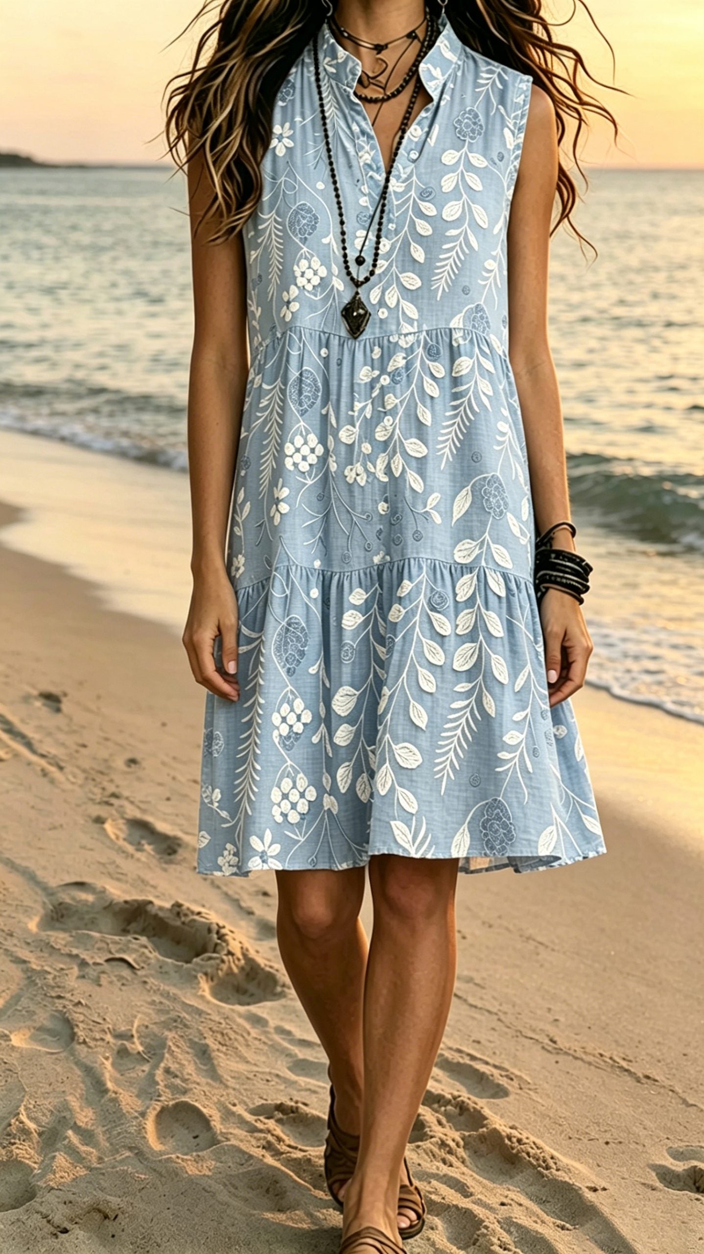 [Buy 2 Free Shipping]Bohemian-Style Printed Sleeveless Maxi Dress with Shirt Collar