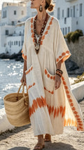 Women’s V-Neck Midi Dress with Half Sleeves and Patch Pockets