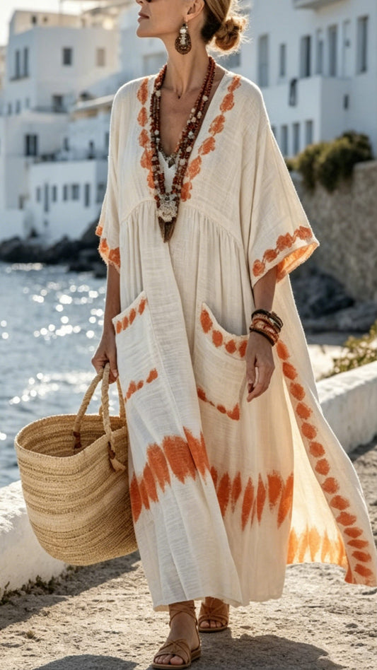 Women’s V-Neck Midi Dress with Half Sleeves and Patch Pockets