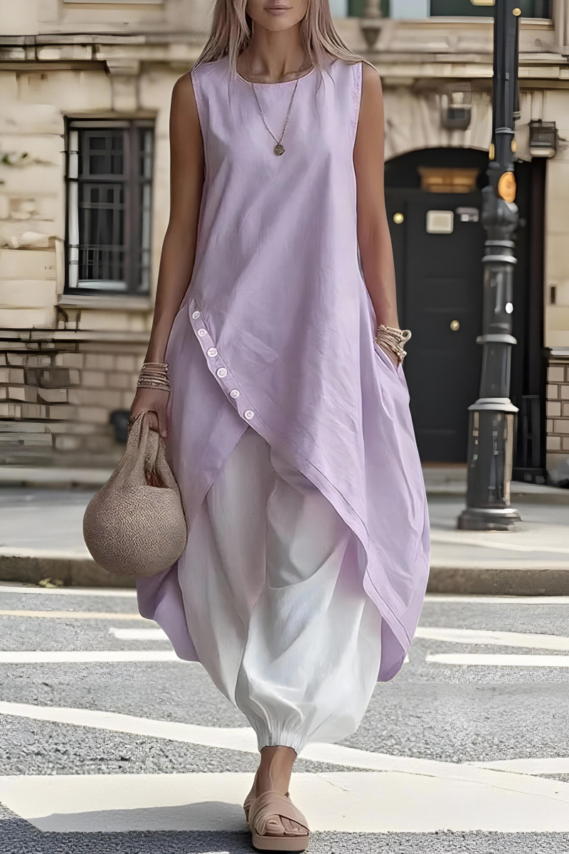 Women’s Everyday Round-Neck Linen Midi Dress with Asymmetrical Hem and Pockets