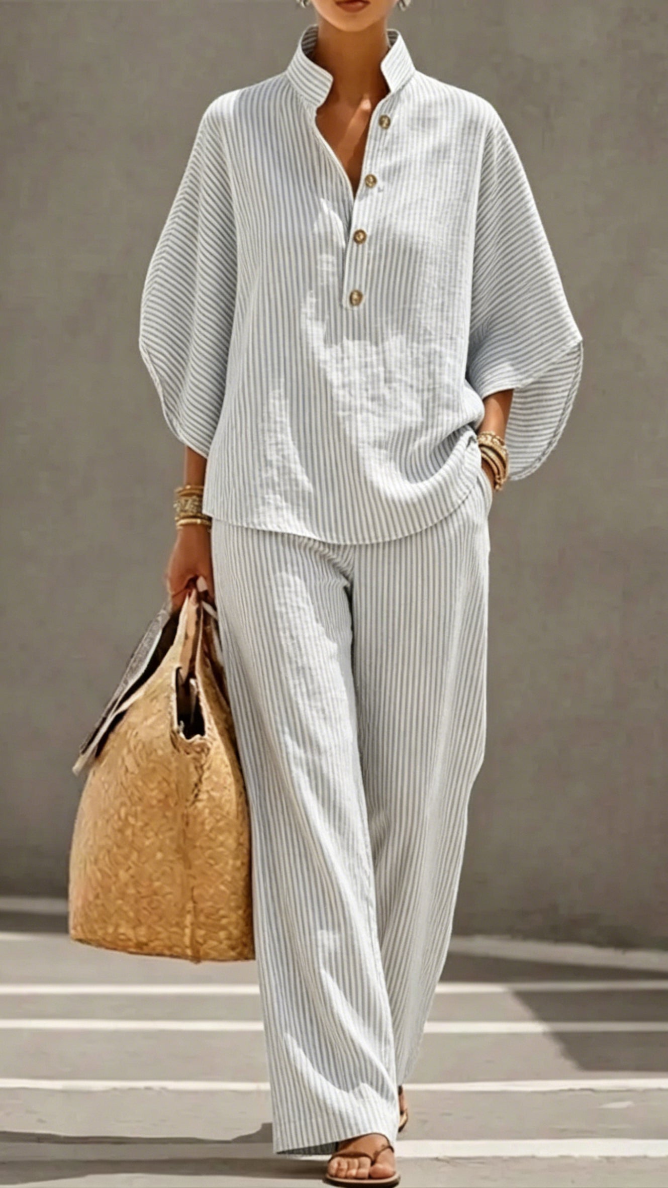 Women’s Striped Linen-Cotton Batwing Sleeve Two-Piece Set