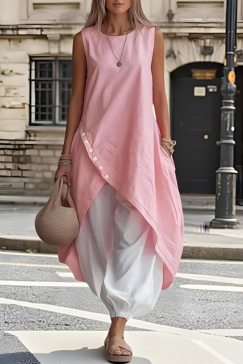 Women’s Everyday Round-Neck Linen Midi Dress with Asymmetrical Hem and Pockets