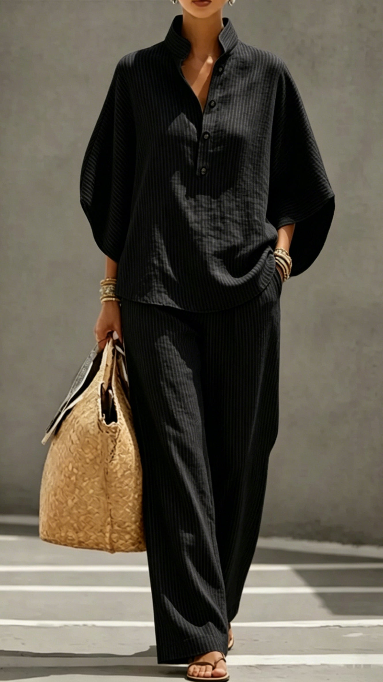 Women’s Striped Linen-Cotton Batwing Sleeve Two-Piece Set