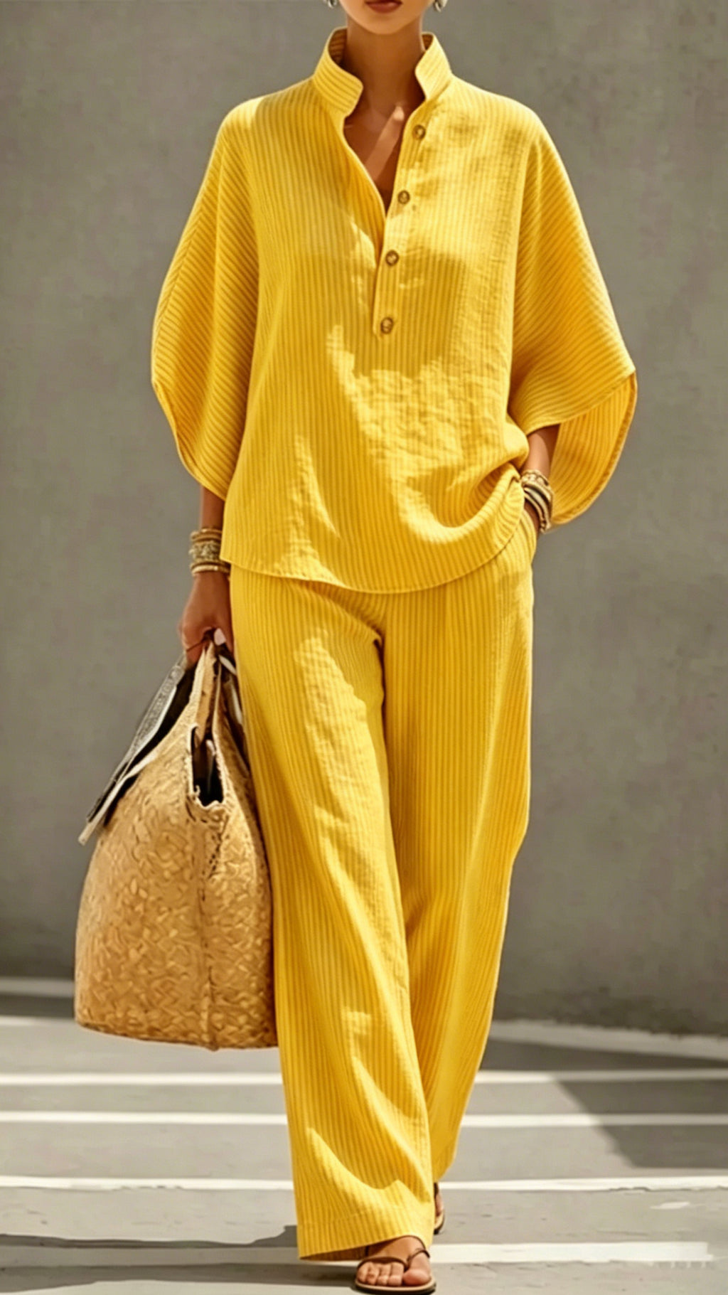 Women’s Striped Linen-Cotton Batwing Sleeve Two-Piece Set