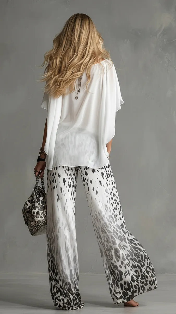Women’s Fashion Two-Piece Set: White T-Shirt & Leopard Print Chiffon Pants