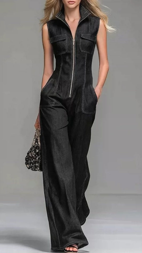 Women’s Faux-Denim Retro Stand-Collar Sleeveless Zip-Front Jumpsuit