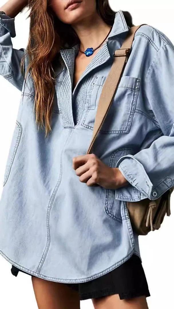 Women’s Stylish V-Neck Denim Top