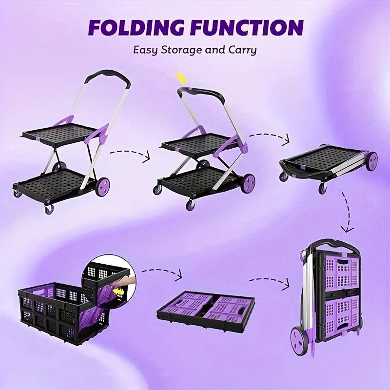 Multi use Functional Collapsible Carts,Mobile Folding Trolley,with Wheels & Removable Basket Carries,2 baskets included,Adjustable Foldable rolling trolley for home,grocery,supermarket. Lightweight,Purple Trolley Storage Crate Portable Convenience cart
