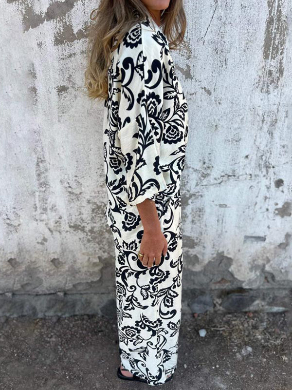 Women’s Fashion Two Piece Printed Lapel Button-Down Shirt and Wide-Leg Pants Set