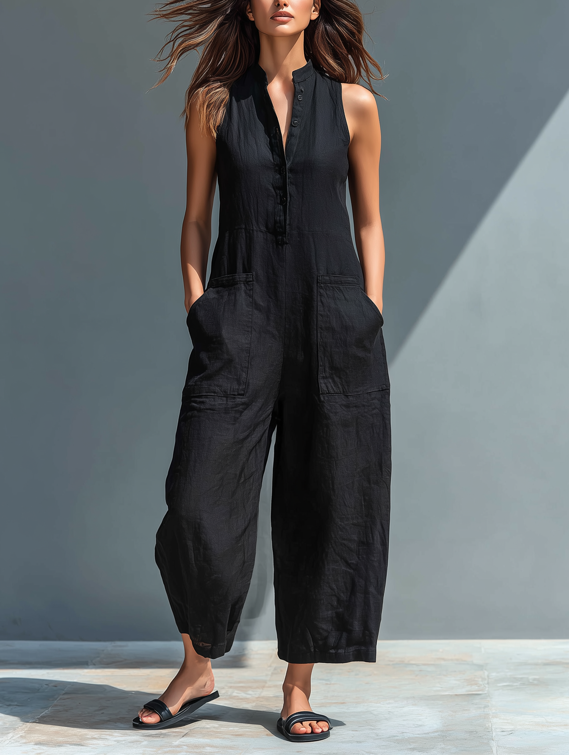 Women’s Minimalist Linen Blend Button-up Stand-collar Sleeveless Loose Jumpsuit