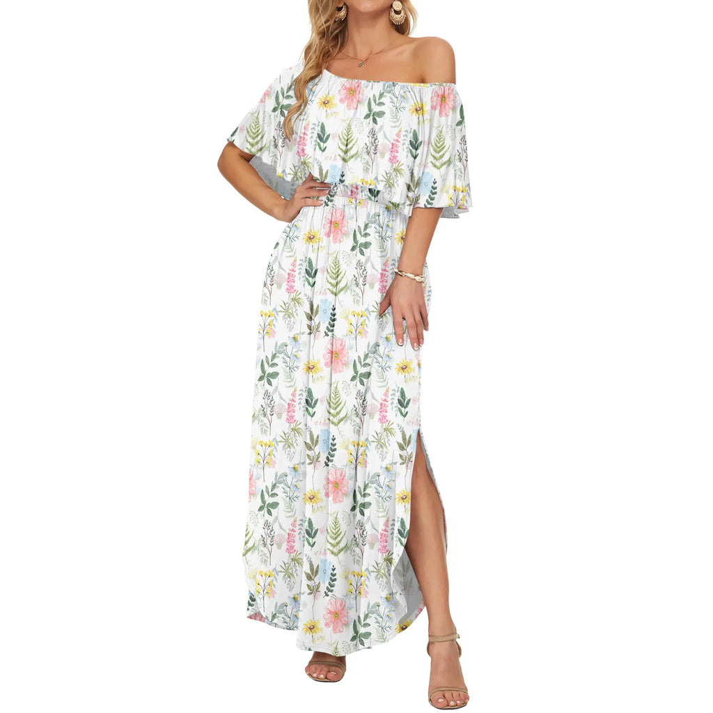 Plus Size Off-Shoulder Dress | Summer Casual | Long Ruffle | Side Split | Beach Maxi | With Pockets | Wedding Guest